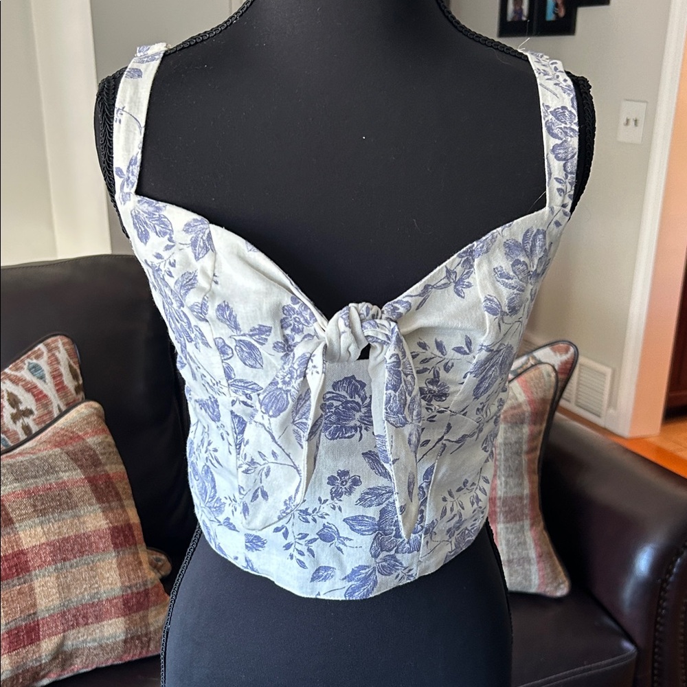 Gypsies & Moondust Ivory and Indigo Floral Tank Top